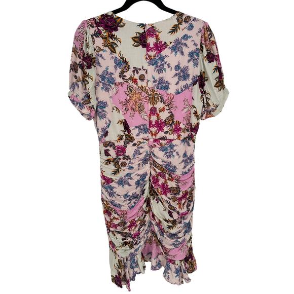 Adelyn Rae Abbie Satin Mini Dress White Pink Floral Ruffled Ruched Feminine M - Picture 4 of 9